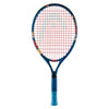 Tennis racket with blue frame and red strings on a white background