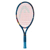 Tennis racket with blue frame and red strings on a white background